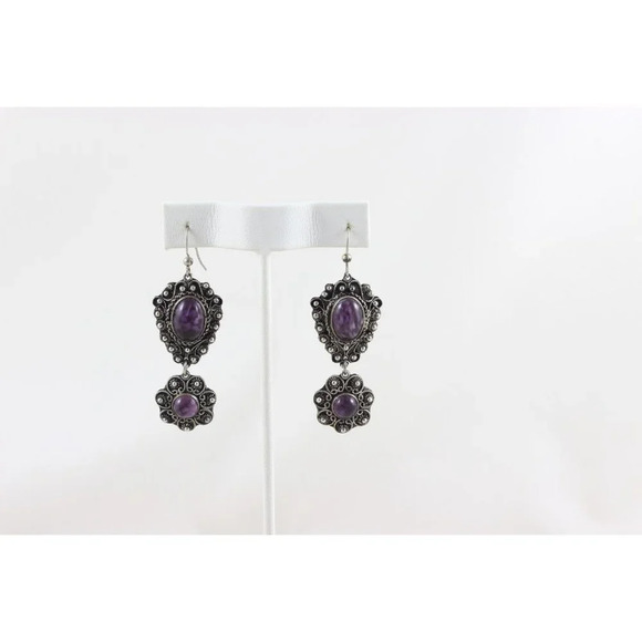 900 Silver Vintage Purple Glass Flower Dangle Drop Earrings - Picture 2 of 5